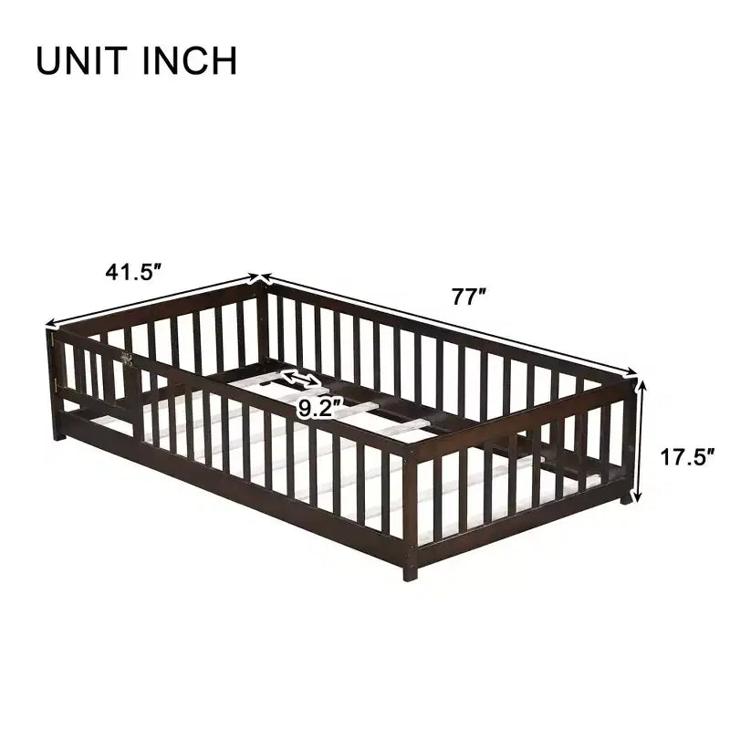 Cama de suelo doble Sailvan con valla y puerta, marco de cama de madera maciza para niños pequeños