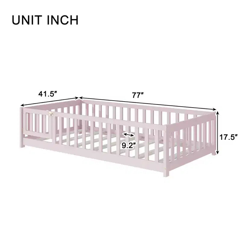 Cama de suelo doble Sailvan con valla y puerta, marco de cama de madera maciza para niños pequeños