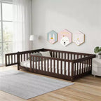 Sailvan Twin Floor Bed with Fence and Door,Solid Wood Kids Bed Frame for Toddlers
