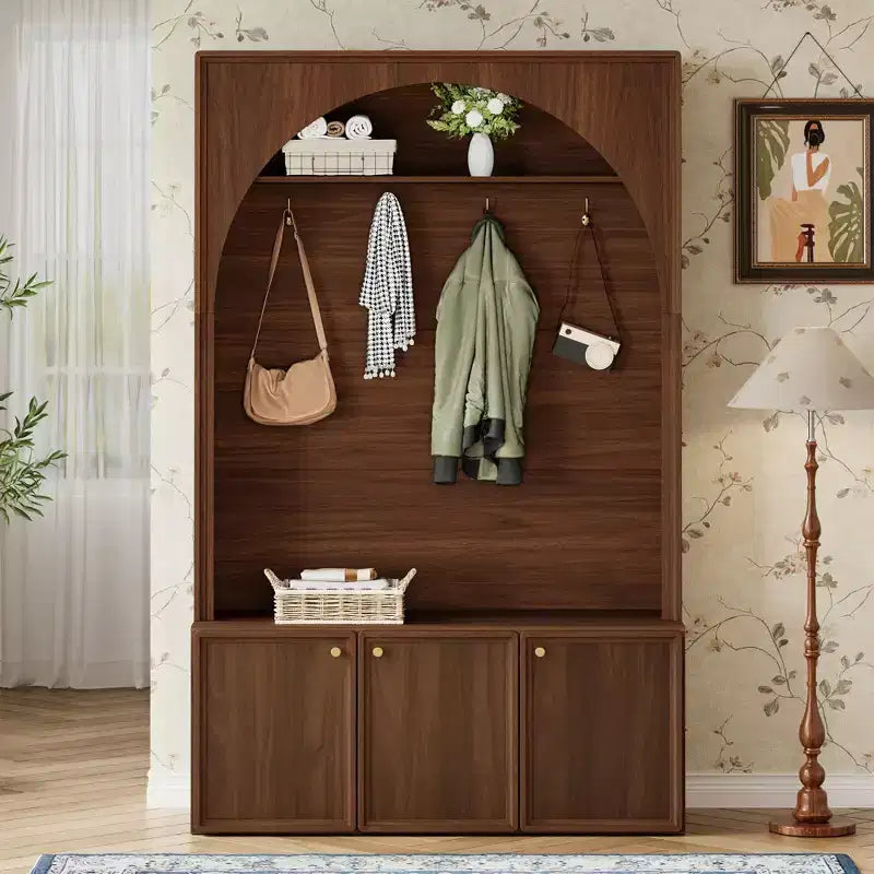 Organizador de recibidor todo en uno con perchero y banco zapatero con ganchos y estantes ajustables - ModernLuxe