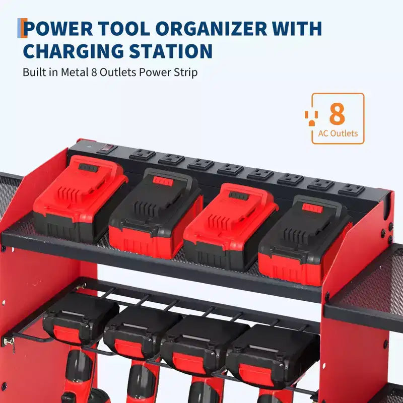Estante organizador de herramientas eléctricas de 4 niveles, de alta resistencia (181 kg), con montaje en pared, 8 ranuras para taladros, soportes para destornilladores, estantería de almacenamiento de metal para garaje y taller