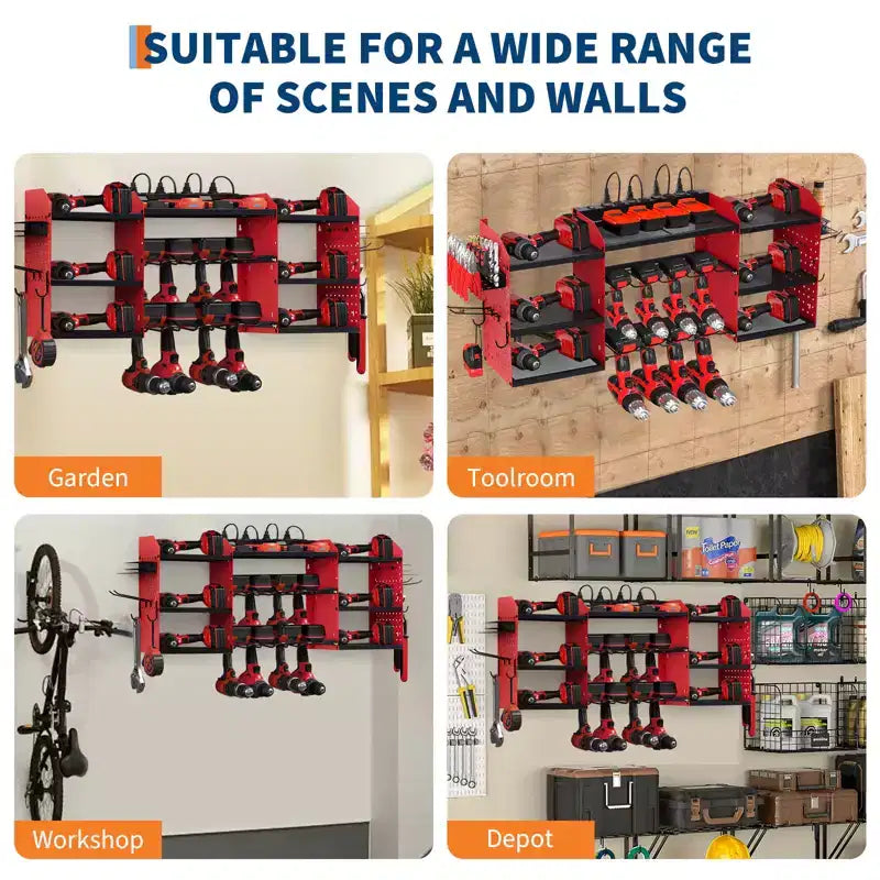 Estante organizador de herramientas eléctricas de 4 niveles, de alta resistencia (181 kg), con montaje en pared, 8 ranuras para taladros, soportes para destornilladores, estantería de almacenamiento de metal para garaje y taller