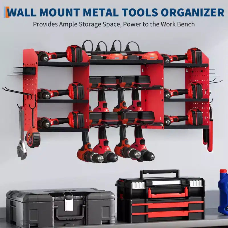 Estante organizador de herramientas eléctricas de 4 niveles, de alta resistencia (181 kg), con montaje en pared, 8 ranuras para taladros, soportes para destornilladores, estantería de almacenamiento de metal para garaje y taller