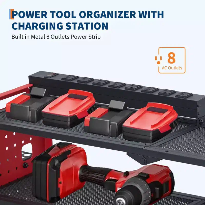 Estante organizador de herramientas eléctricas de 4 niveles, de alta resistencia (181 kg), con montaje en pared, 8 ranuras para taladros, soportes para destornilladores, estantería de almacenamiento de metal para garaje y taller