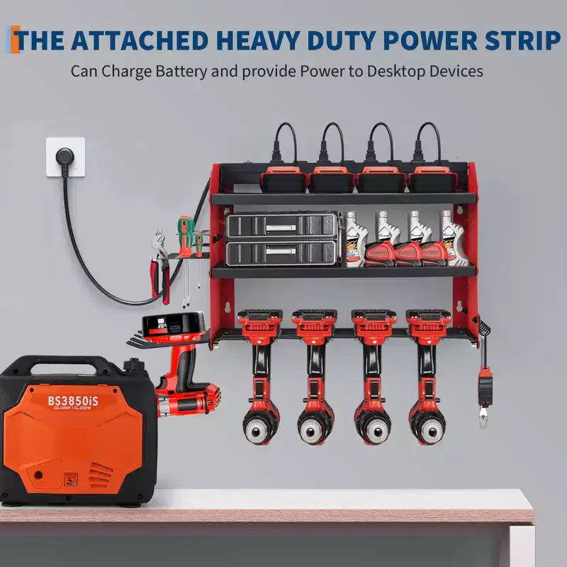 Estante organizador de herramientas eléctricas de 4 niveles, de alta resistencia (181 kg), con montaje en pared, 8 ranuras para taladros, soportes para destornilladores, estantería de almacenamiento de metal para garaje y taller