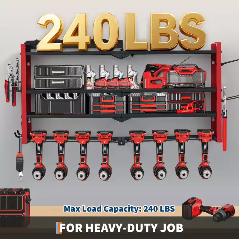 Estante organizador de herramientas eléctricas de 4 niveles, de alta resistencia (181 kg), con montaje en pared, 8 ranuras para taladros, soportes para destornilladores, estantería de almacenamiento de metal para garaje y taller
