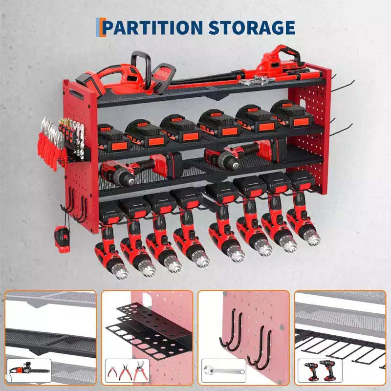 Estante organizador de herramientas eléctricas de 4 niveles, de alta resistencia (181 kg), con montaje en pared, 8 ranuras para taladros, soportes para destornilladores, estantería de almacenamiento de metal para garaje y taller