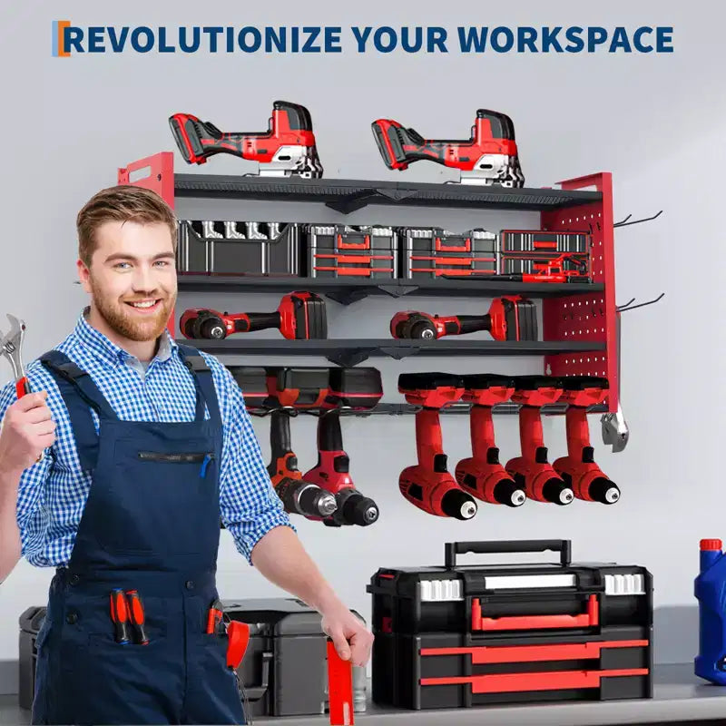Estante organizador de herramientas eléctricas de 4 niveles, de alta resistencia (181 kg), con montaje en pared, 8 ranuras para taladros, soportes para destornilladores, estantería de almacenamiento de metal para garaje y taller
