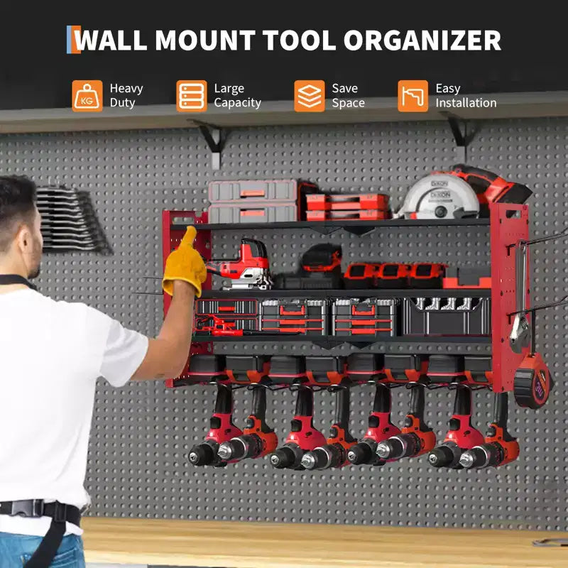 Estante organizador de herramientas eléctricas de 4 niveles, de alta resistencia (181 kg), con montaje en pared, 8 ranuras para taladros, soportes para destornilladores, estantería de almacenamiento de metal para garaje y taller