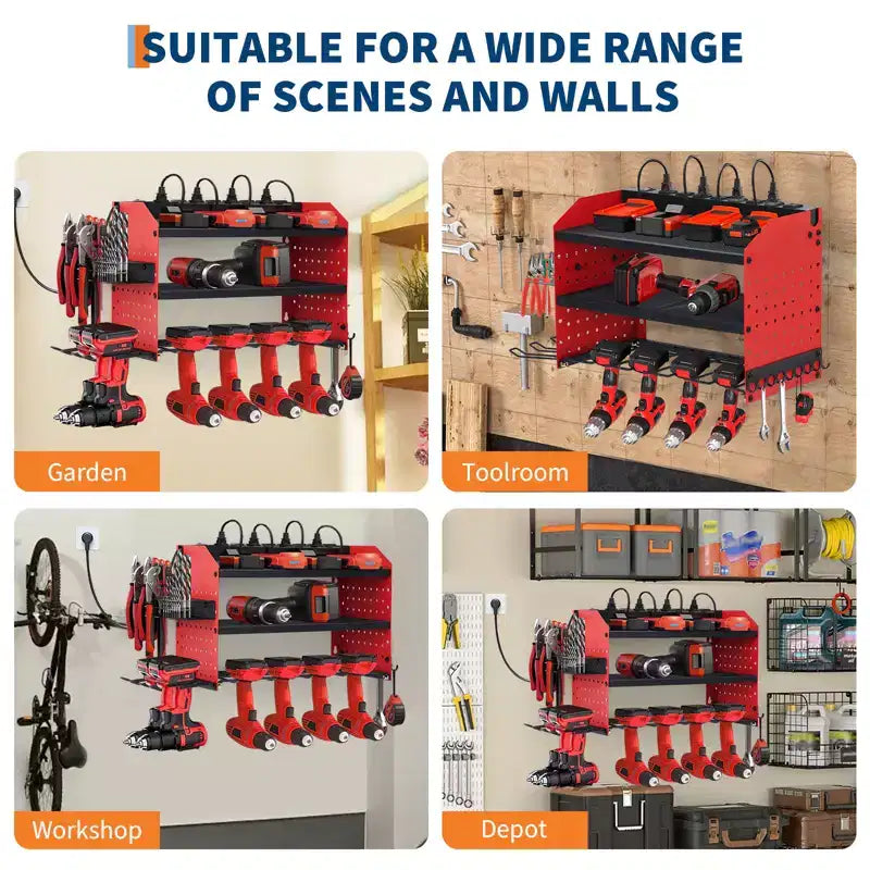 Estante organizador de herramientas eléctricas de 4 niveles, de alta resistencia (181 kg), con montaje en pared, 8 ranuras para taladros, soportes para destornilladores, estantería de almacenamiento de metal para garaje y taller