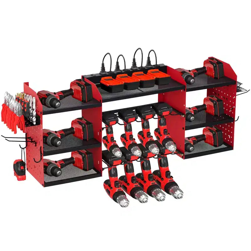 Estante organizador de herramientas eléctricas de 4 niveles, de alta resistencia (181 kg), con montaje en pared, 8 ranuras para taladros, soportes para destornilladores, estantería de almacenamiento de metal para garaje y taller