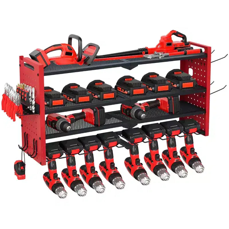 Estante organizador de herramientas eléctricas de 4 niveles, de alta resistencia (181 kg), con montaje en pared, 8 ranuras para taladros, soportes para destornilladores, estantería de almacenamiento de metal para garaje y taller