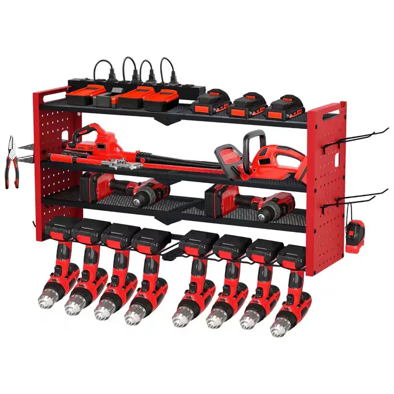 Estante organizador de herramientas eléctricas de 4 niveles, de alta resistencia (181 kg), con montaje en pared, 8 ranuras para taladros, soportes para destornilladores, estantería de almacenamiento de metal para garaje y taller