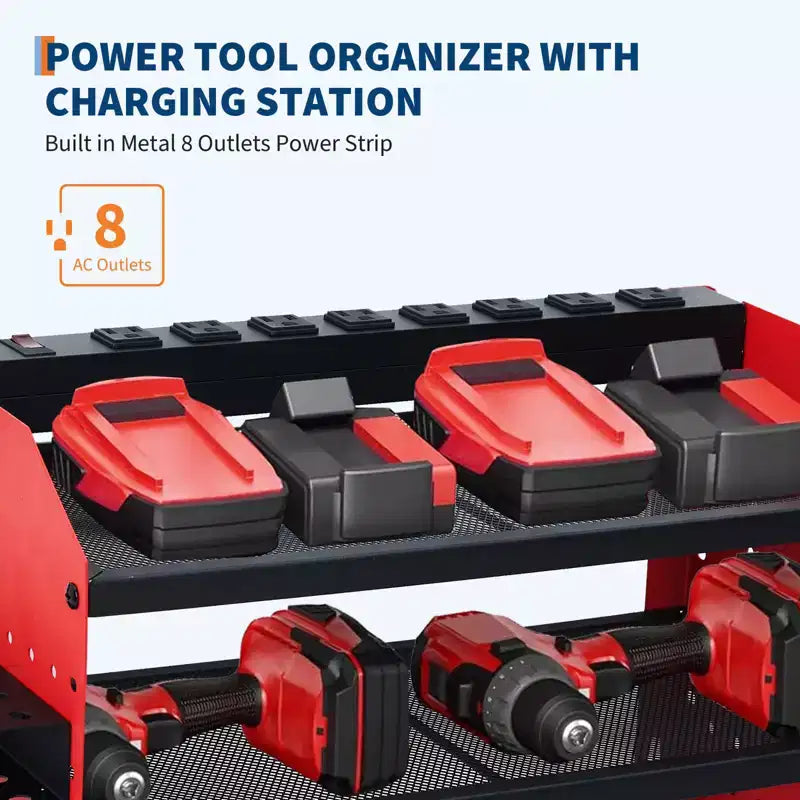 Estante organizador de herramientas eléctricas de 4 niveles, de alta resistencia (181 kg), con montaje en pared, 8 ranuras para taladros, soportes para destornilladores, estantería de almacenamiento de metal para garaje y taller