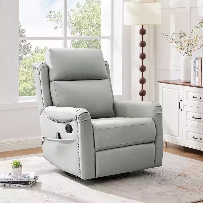 Sillón reclinable manual moderno de cuero sintético, sillón reclinable giratorio con mecedora y masaje de 8 puntos para sala de estar y cine en casa-Panipeachy