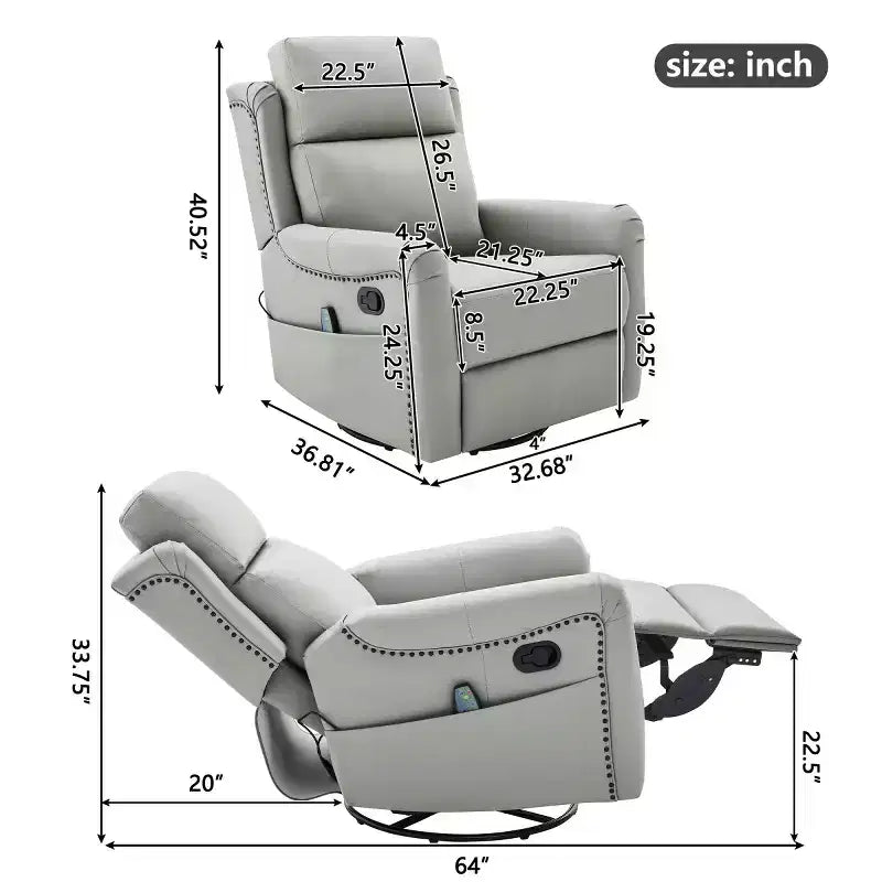 Sillón reclinable manual moderno de cuero sintético, sillón reclinable giratorio con mecedora y masaje de 8 puntos para sala de estar y cine en casa-Panipeachy