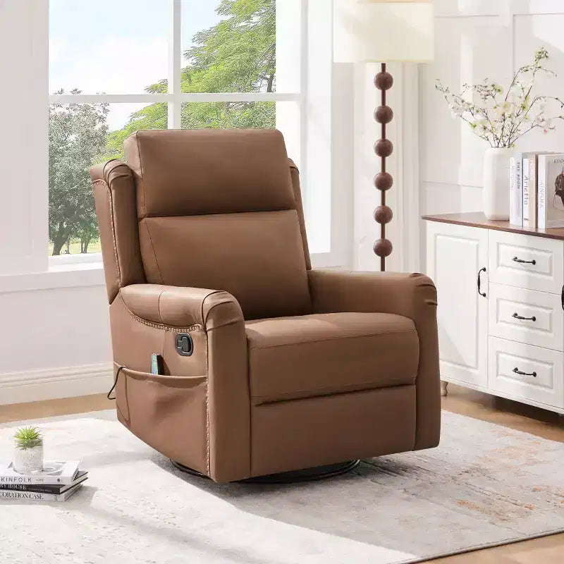 Sillón reclinable manual moderno de cuero sintético, sillón reclinable giratorio con mecedora y masaje de 8 puntos para sala de estar y cine en casa-Panipeachy