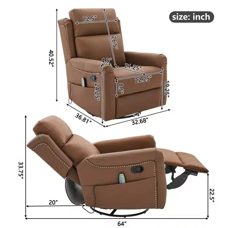 Sillón reclinable manual moderno de cuero sintético, sillón reclinable giratorio con mecedora y masaje de 8 puntos para sala de estar y cine en casa-Panipeachy