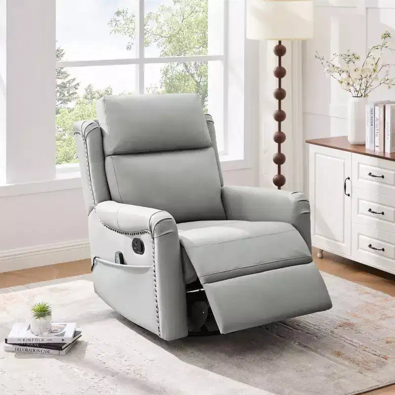 Sillón reclinable manual moderno de cuero sintético, sillón reclinable giratorio con mecedora y masaje de 8 puntos para sala de estar y cine en casa-Panipeachy