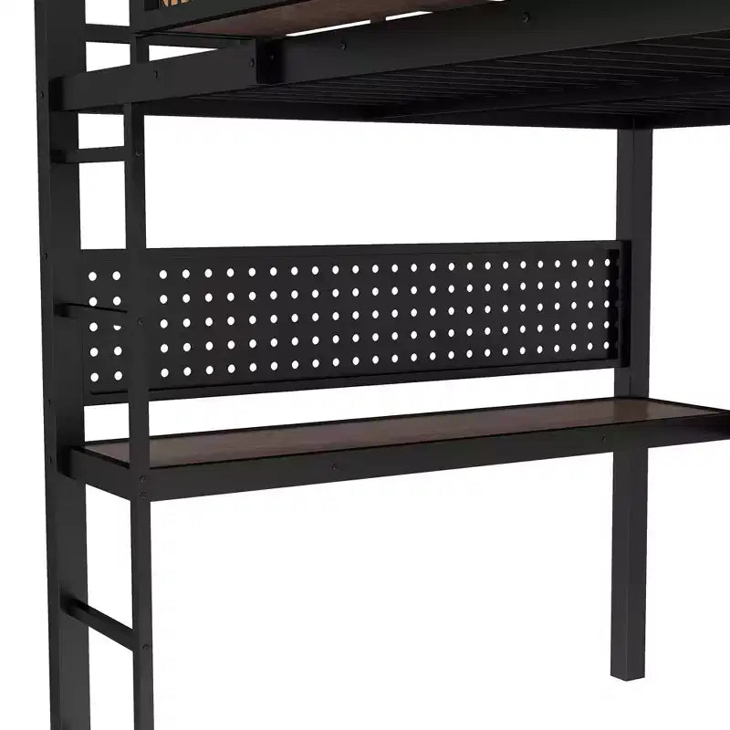 Cama alta de metal ModernLuxe Twin XL/Full Size con escritorio, puerto de carga, cesta de almacenamiento y reloj, negro