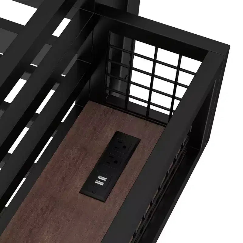 Cama alta de metal ModernLuxe Twin XL/Full Size con escritorio, puerto de carga, cesta de almacenamiento y reloj, negro