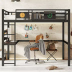Cama alta de metal ModernLuxe Twin XL/Full Size con escritorio, puerto de carga, cesta de almacenamiento y reloj, negro