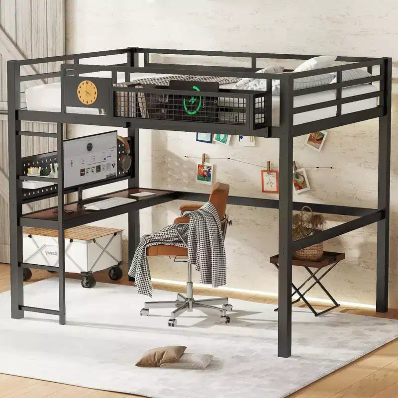 Cama alta de metal ModernLuxe Twin XL/Full Size con escritorio, puerto de carga, cesta de almacenamiento y reloj, negro