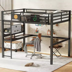 Cama alta de metal ModernLuxe Twin XL/Full Size con escritorio, puerto de carga, cesta de almacenamiento y reloj, negro
