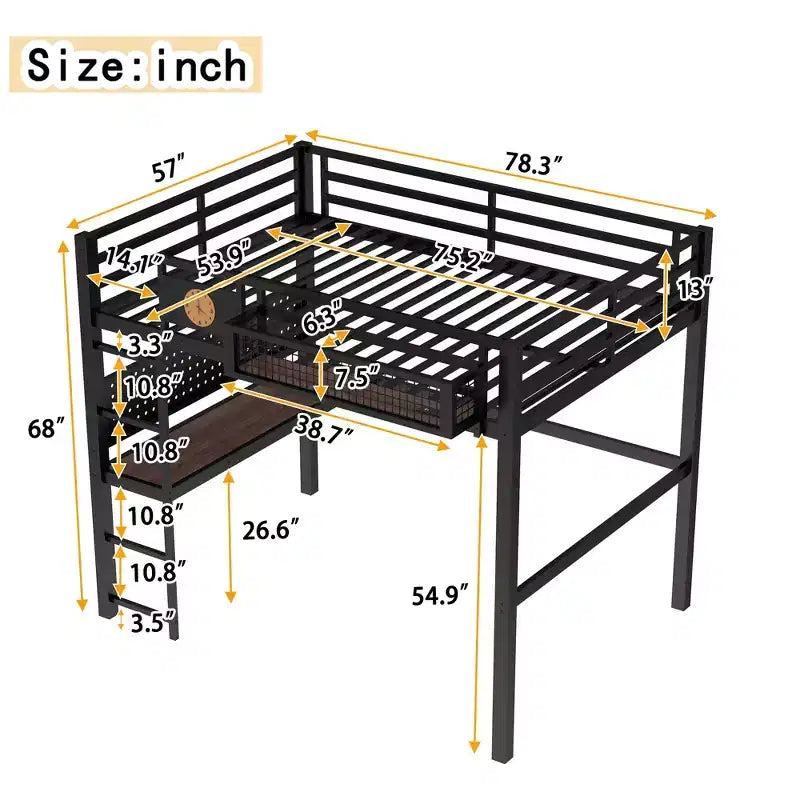 Cama alta de metal ModernLuxe Twin XL/Full Size con escritorio, puerto de carga, cesta de almacenamiento y reloj, negro