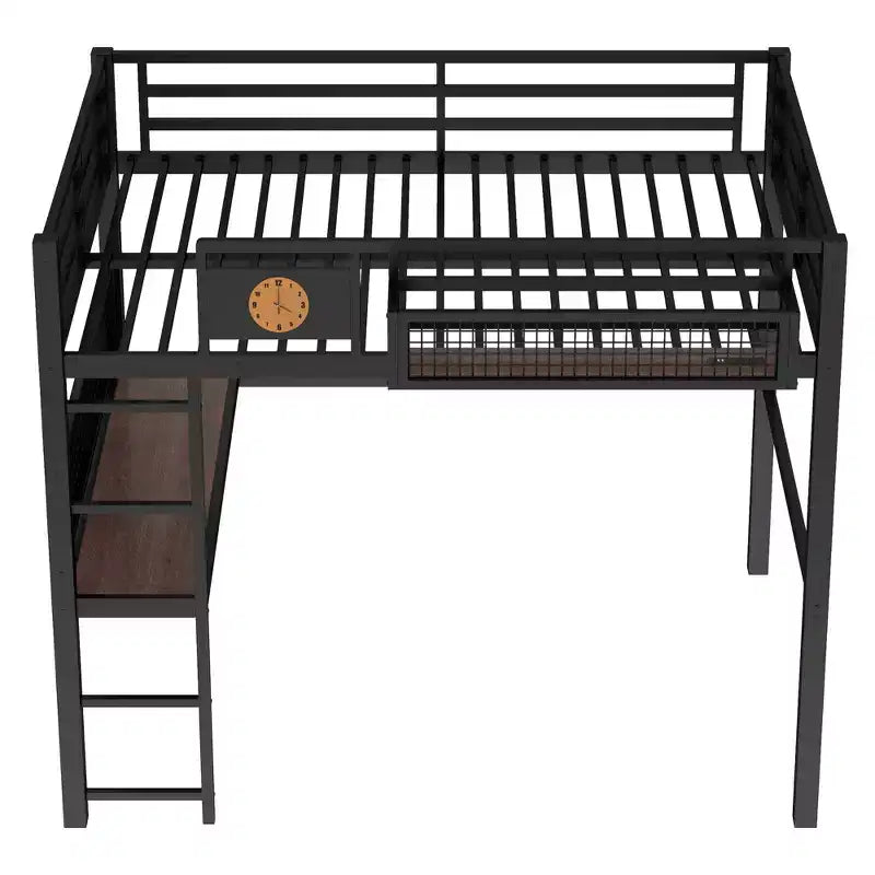 Cama alta de metal ModernLuxe Twin XL/Full Size con escritorio, puerto de carga, cesta de almacenamiento y reloj, negro