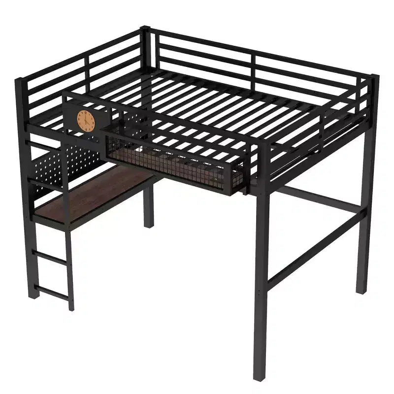 Cama alta de metal ModernLuxe Twin XL/Full Size con escritorio, puerto de carga, cesta de almacenamiento y reloj, negro