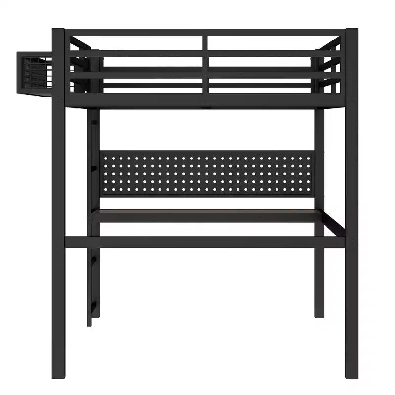 Cama alta de metal ModernLuxe Twin XL/Full Size con escritorio, puerto de carga, cesta de almacenamiento y reloj, negro