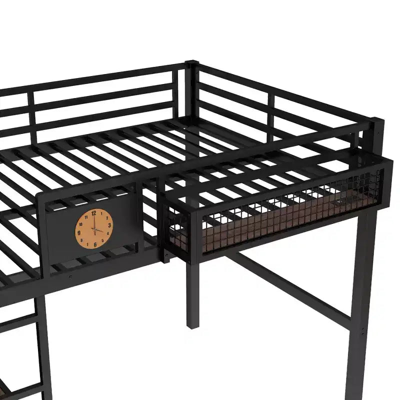 Cama alta de metal ModernLuxe Twin XL/Full Size con escritorio, puerto de carga, cesta de almacenamiento y reloj, negro