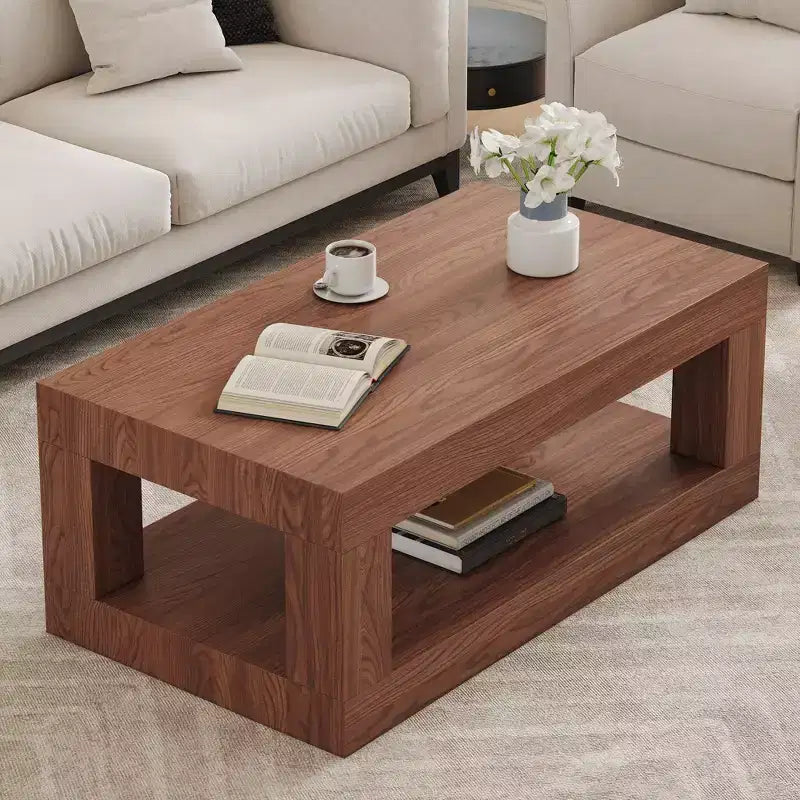 Moderna Mesa de Centro Rectangular de MDF de 2 Niveles, Estante Abierto de Almacenamiento, Mesa Estable y Duradera para Muebles de Sala de Estar
