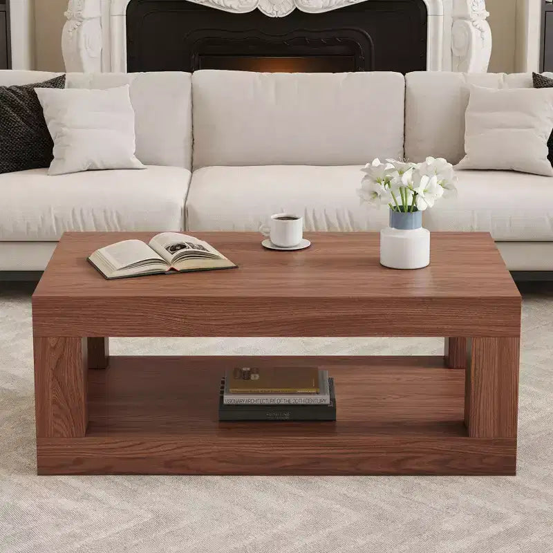 Moderna Mesa de Centro Rectangular de MDF de 2 Niveles, Estante Abierto de Almacenamiento, Mesa Estable y Duradera para Muebles de Sala de Estar