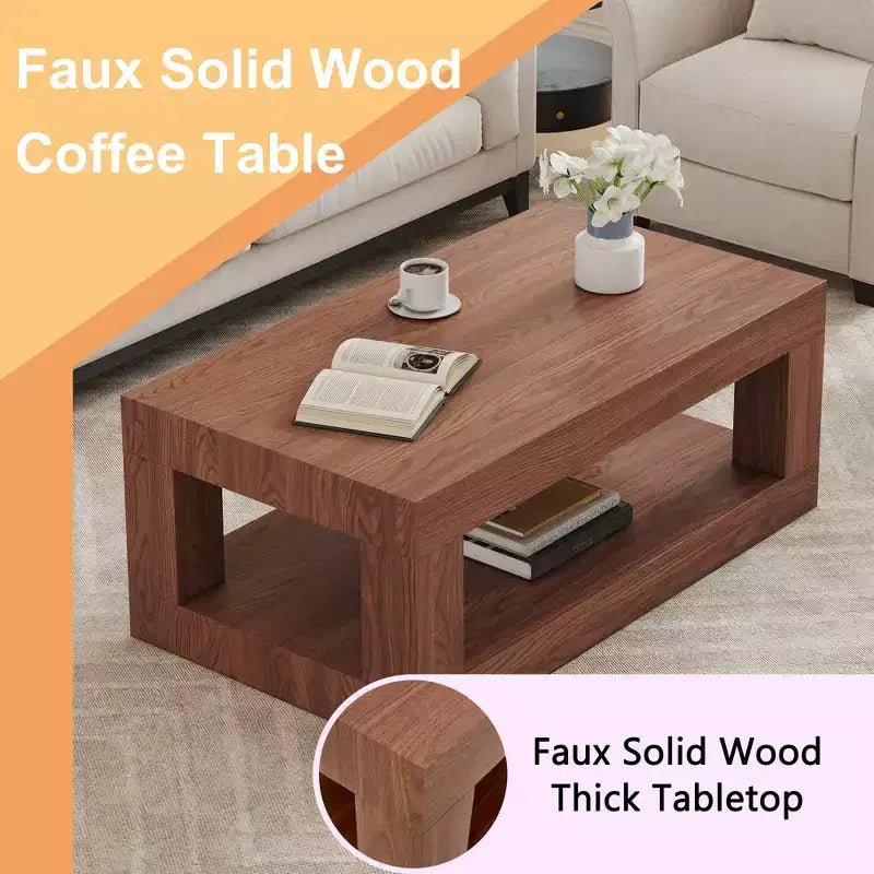 Moderna Mesa de Centro Rectangular de MDF de 2 Niveles, Estante Abierto de Almacenamiento, Mesa Estable y Duradera para Muebles de Sala de Estar