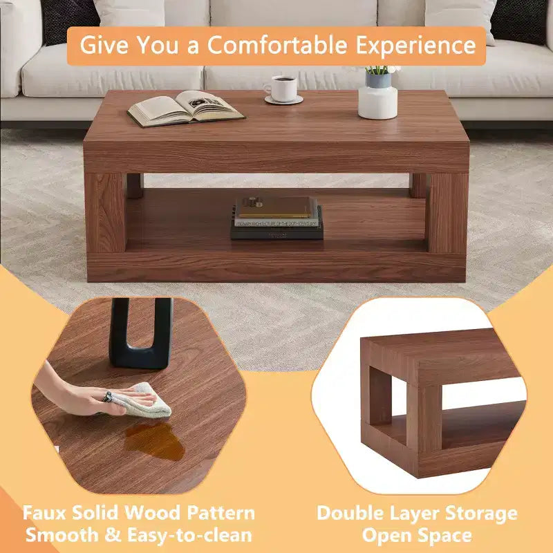 Moderna Mesa de Centro Rectangular de MDF de 2 Niveles, Estante Abierto de Almacenamiento, Mesa Estable y Duradera para Muebles de Sala de Estar