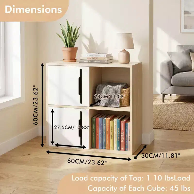 JVNOXK Armario de almacenamiento de madera de 2 niveles con puertas correderas, organizador de madera natural y blanco para sala de estar, dormitorio y habitación infantil