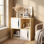 JVNOXK Armario de almacenamiento de madera de 2 niveles con puertas correderas, organizador de madera natural y blanco para sala de estar, dormitorio y habitación infantil