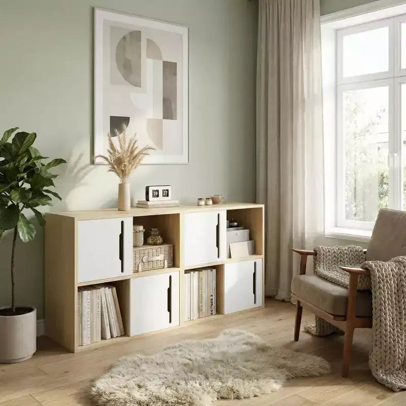 JVNOXK Armario de almacenamiento de madera de 2 niveles con puertas correderas, organizador de madera natural y blanco para sala de estar, dormitorio y habitación infantil