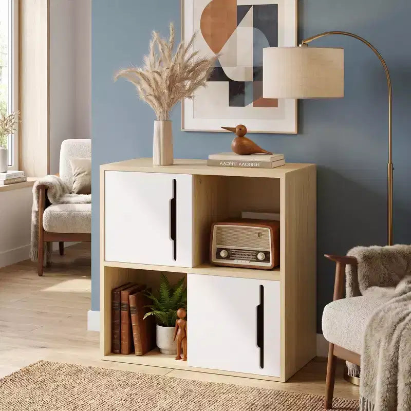 JVNOXK Armario de almacenamiento de madera de 2 niveles con puertas correderas, organizador de madera natural y blanco para sala de estar, dormitorio y habitación infantil