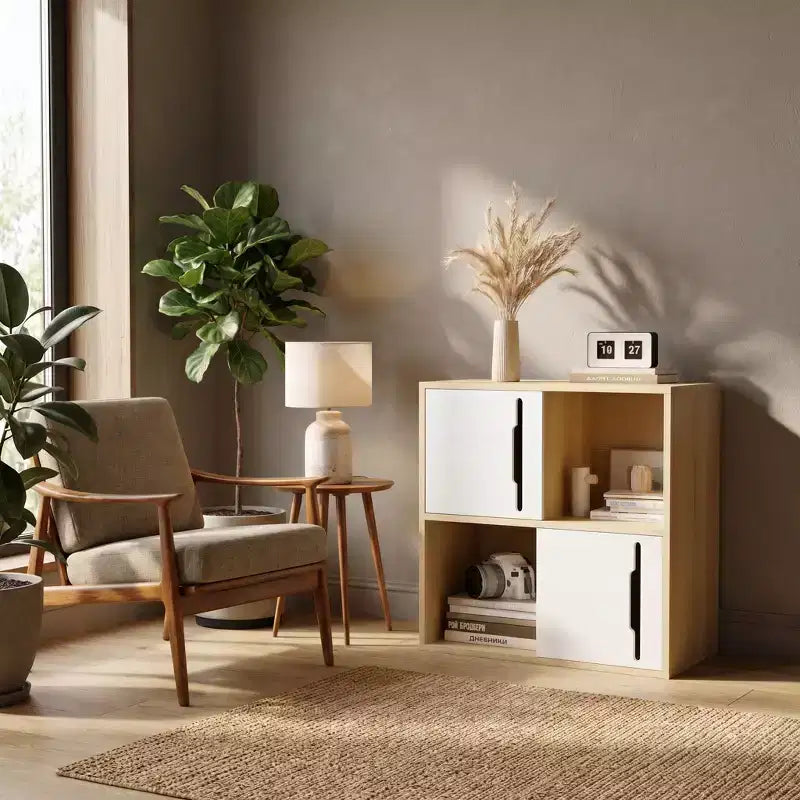 JVNOXK Armario de almacenamiento de madera de 2 niveles con puertas correderas, organizador de madera natural y blanco para sala de estar, dormitorio y habitación infantil