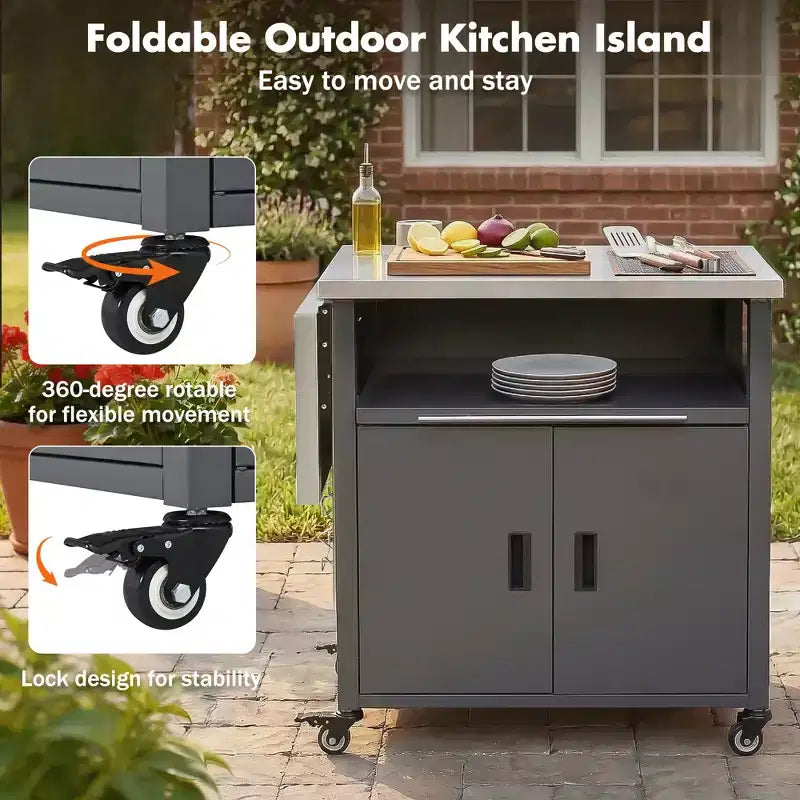 GDFStudio Louisa - Carrito Plegable para Preparación de Barbacoa al Aire Libre con Encimera de Acero Inoxidable