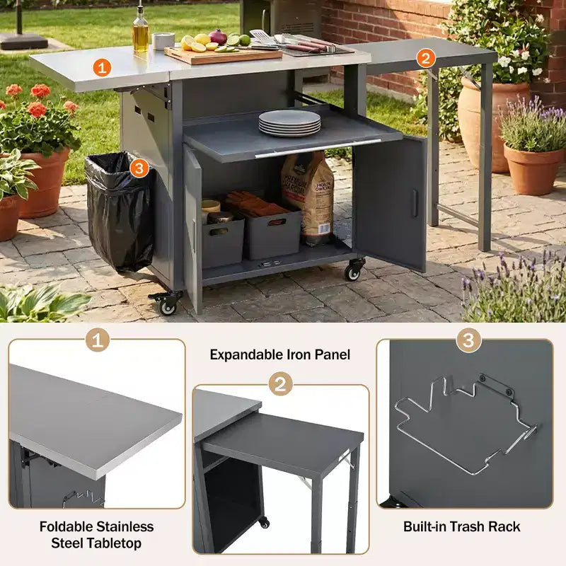 GDFStudio Louisa - Carrito Plegable para Preparación de Barbacoa al Aire Libre con Encimera de Acero Inoxidable