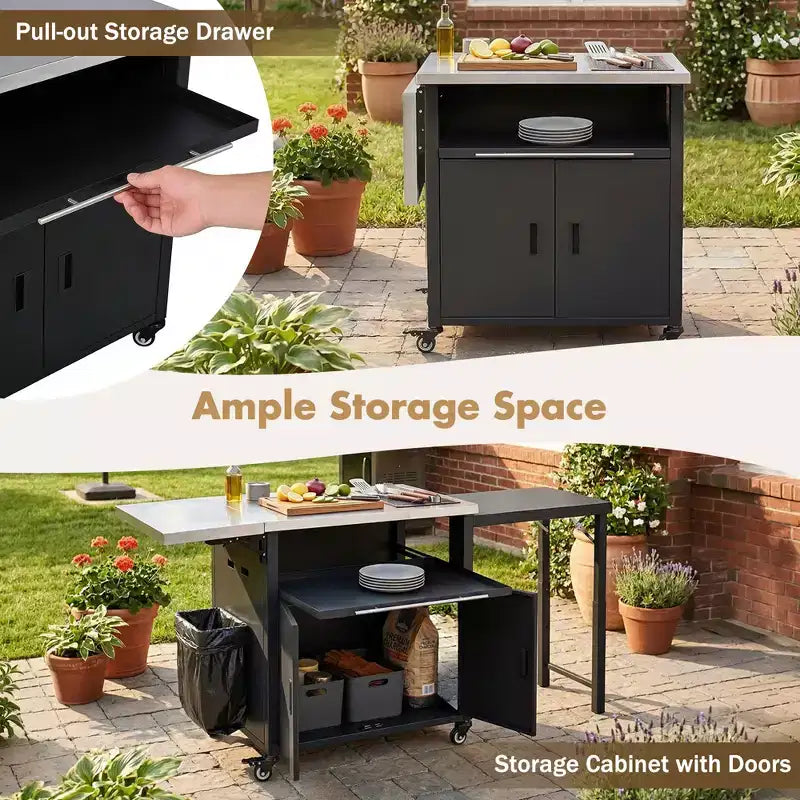 GDFStudio Louisa - Carrito Plegable para Preparación de Barbacoa al Aire Libre con Encimera de Acero Inoxidable