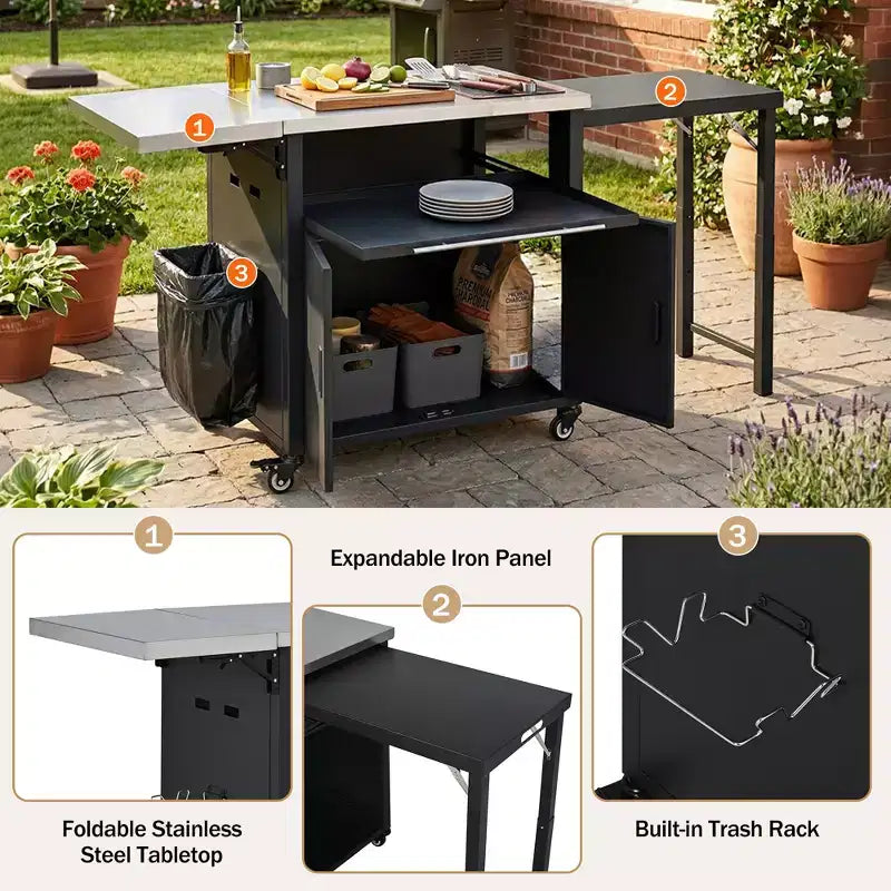 GDFStudio Louisa - Carrito Plegable para Preparación de Barbacoa al Aire Libre con Encimera de Acero Inoxidable