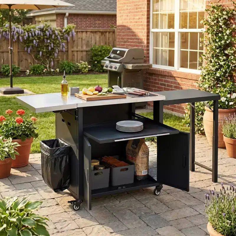 GDFStudio Louisa - Carrito Plegable para Preparación de Barbacoa al Aire Libre con Encimera de Acero Inoxidable