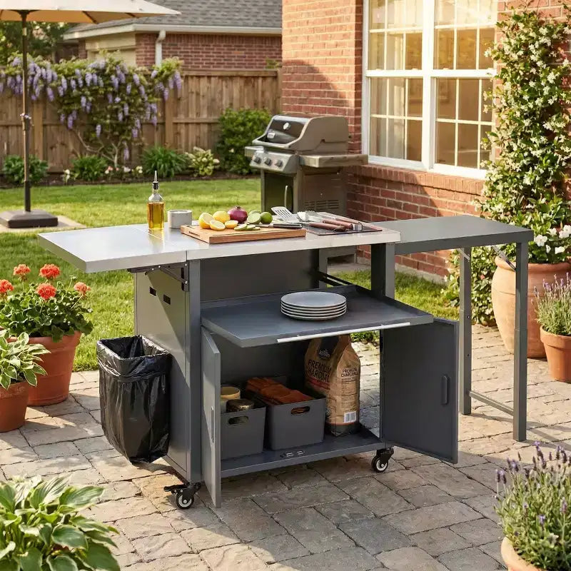 GDFStudio Louisa - Carrito Plegable para Preparación de Barbacoa al Aire Libre con Encimera de Acero Inoxidable