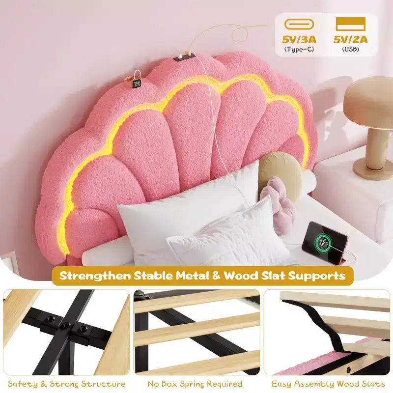 Estructura de cama tapizada con LED, con cajón de almacenamiento, cabecero chic ajustable, cama de plataforma de vellón bereber Princess para niños, soporte de madera, sin necesidad de somier