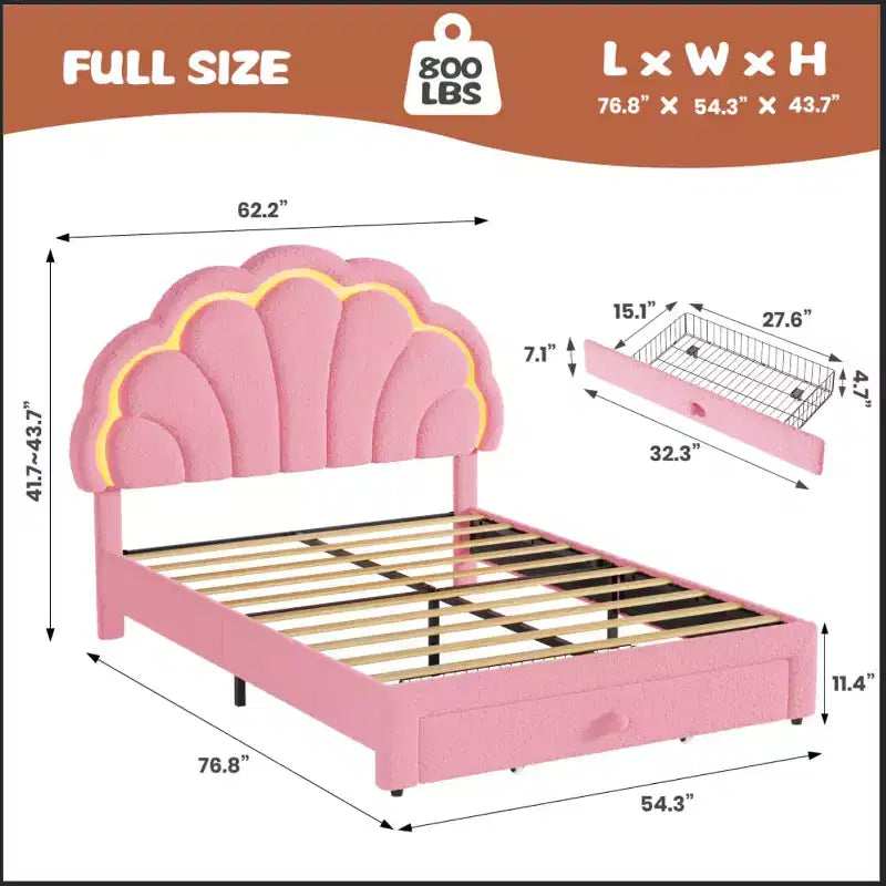 Estructura de cama tapizada con LED, con cajón de almacenamiento, cabecero chic ajustable, cama de plataforma de vellón bereber Princess para niños, soporte de madera, sin necesidad de somier